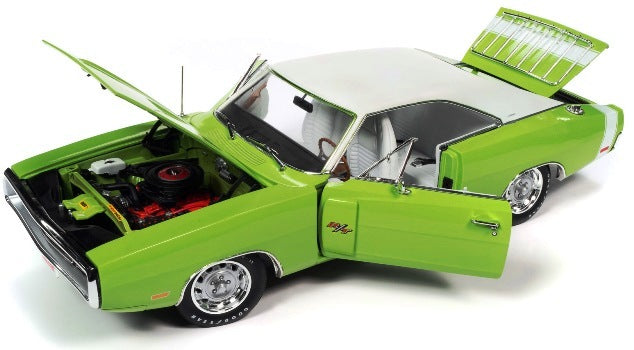 A 1/18 scale model of a 1970 Dodge Charger R/T in Sublime Green with white top and white interior, showing the opening hood, doors, and trunk.
