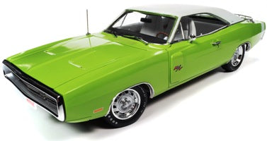 A 1/18 scale model of a 1970 Dodge Charger R/T in Sublime Green with white top and white interior, featuring a luggage rack.