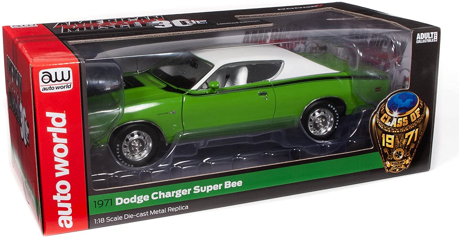 A green 1971 Dodge Charger Super Bee scale model car in package with clear display window.