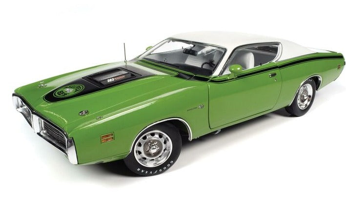 A green 1971 Dodge Charger Super Bee scale model car.