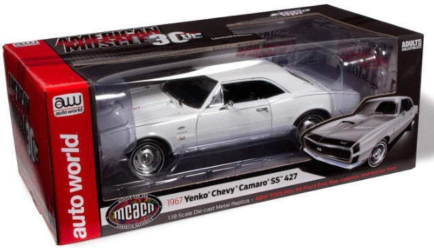 1/18 scale model of a 1967 Chevrolet Camaro Hardtop Yenko in Ermine White with Black Stripes in package with clear display window.