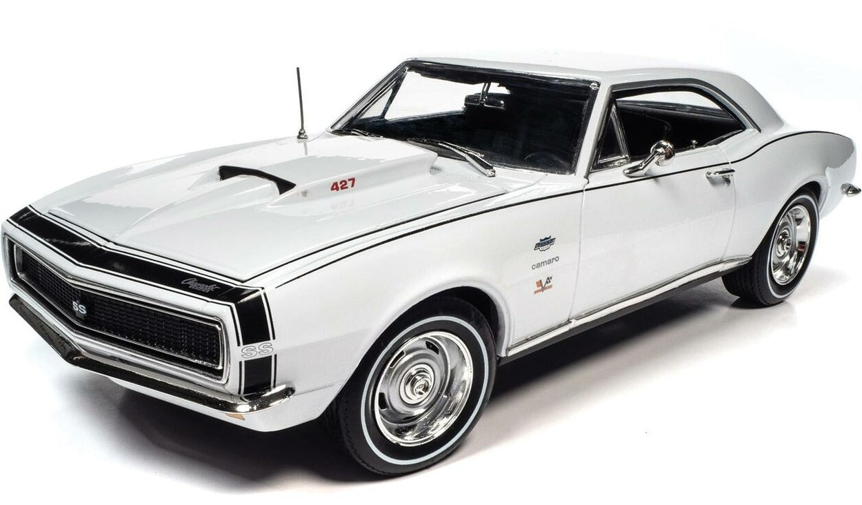 1/18 scale model of a 1967 Chevrolet Camaro Hardtop Yenko in Ermine White with Black Stripes.