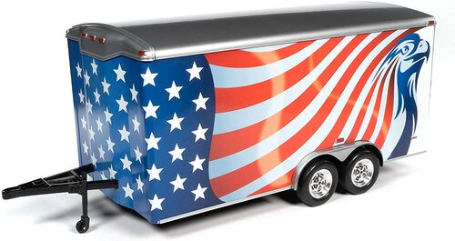 A 1/18 scale model of a red, white, and blue enclosed trailer with a patriotic design featuring an eagle.