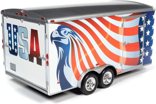 A 1/18 scale model of a red, white, and blue enclosed trailer with a patriotic design featuring an eagle and the text 'USA'.