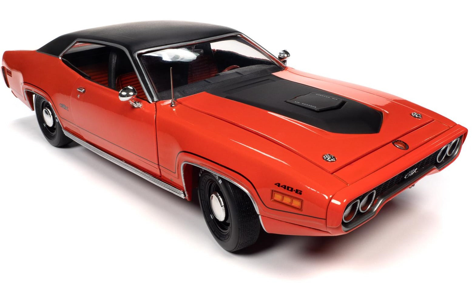 A 1/18 scale model of a red 1971 Plymouth GTX Hardtop with a black roof.