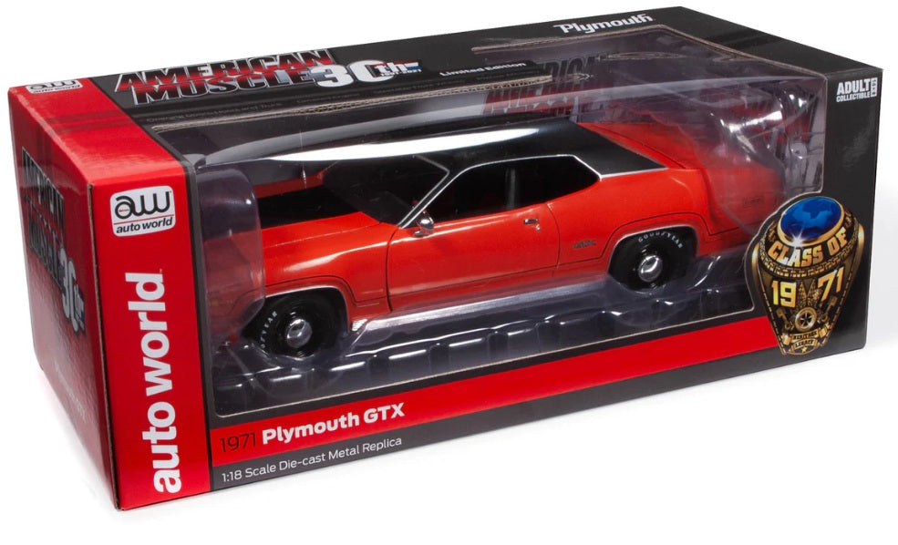 A 1/18 scale model of a red 1971 Plymouth GTX Hardtop with a black roof in display box.