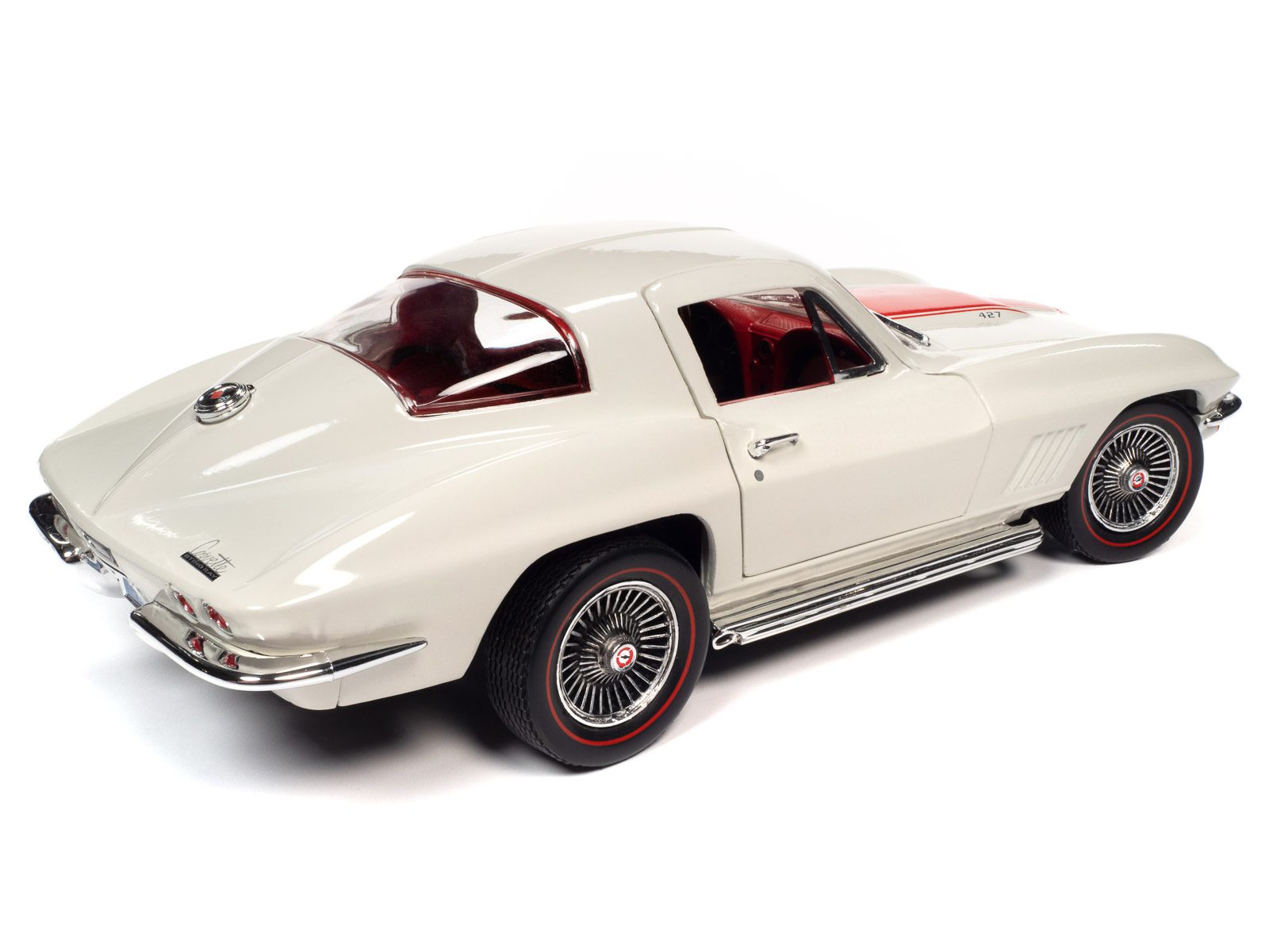 1/18 scale model of a 1967 Chevy Corvette 427 Coupe with white body and red stripes.