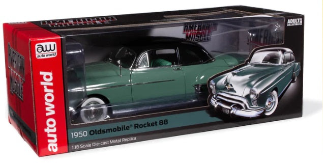 Box with clear display window with a model of a 1950 Oldsmobile Rocket 88 inside.