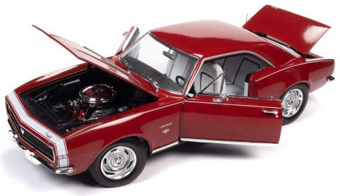 1/18 scale model of a red 1967 Chevrolet Camaro SS/RS with open doors, hood, and trunk.