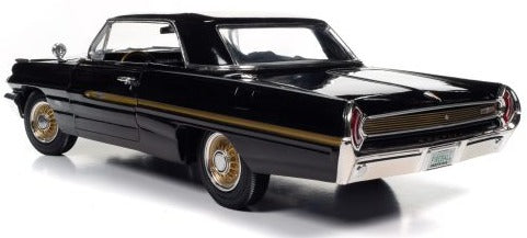 Diecast model car of a black 1962 Pontiac Grand Prix with gold accents.