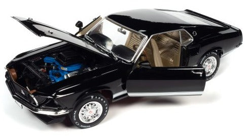 A 1/18 scale model of a 1969 Ford Mustang showing opening hood and doors.