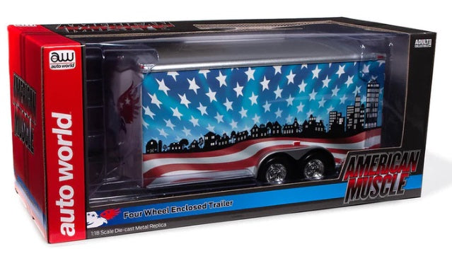 A 1/18 scale model of an enclosed trailer with a patriotic red, white, and blue color scheme in display box.