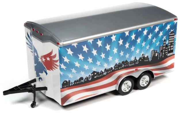 A 1/18 scale model of an enclosed trailer with a patriotic red, white, and blue color scheme.