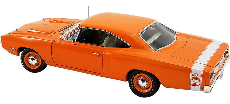 A 1/18 scale model of a 1970 Dodge Coronet Super Bee in Mango Orange color with a white tail stripe.