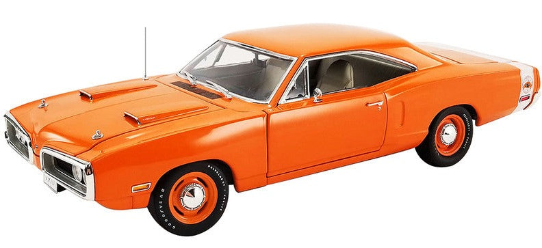 A 1/18 scale model of a 1970 Dodge Coronet Super Bee in Mango Orange color with a white tail stripe.