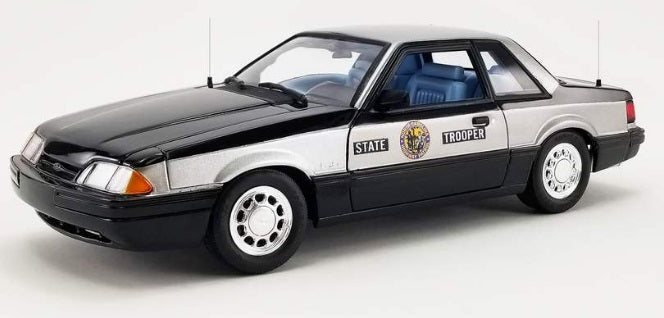 1/18 scale model of a 1993 Ford Mustang 5.0 SSP 'North Carolina Highway Patrol State Trooper' with black and silver color scheme.