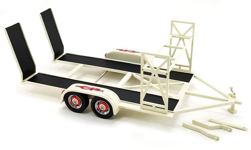 Beige colored 1/18 scale model of a tandem car trailer with tire rack.