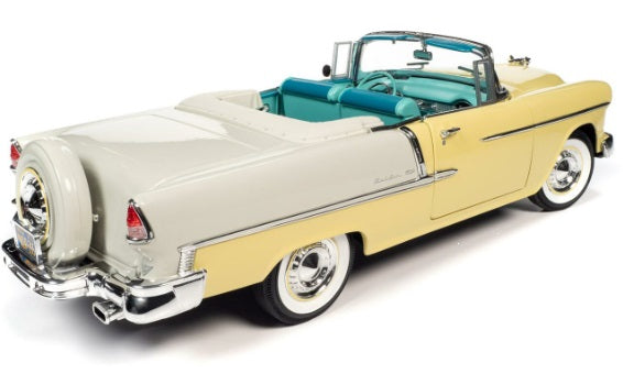 1/18 scale model of a 1955 Chevrolet Bel Air Convertible in yellow and white with the convertible top open.