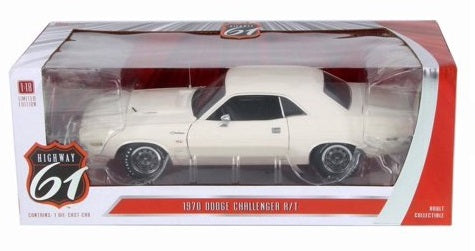 A 1/18 scale model of a 1970 Dodge Challenger R/T in white color in white and red box with clear display window.