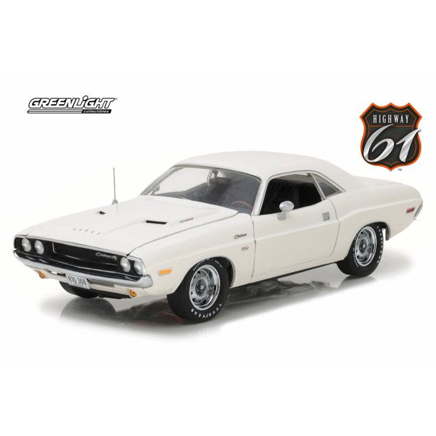 A 1/18 scale model of a 1970 Dodge Challenger R/T in white color.
