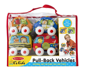 K's Kids Pull-Back Vehicle Set - Soft Baby Toy Set With 4 Cars and Trucks and Carrying Case