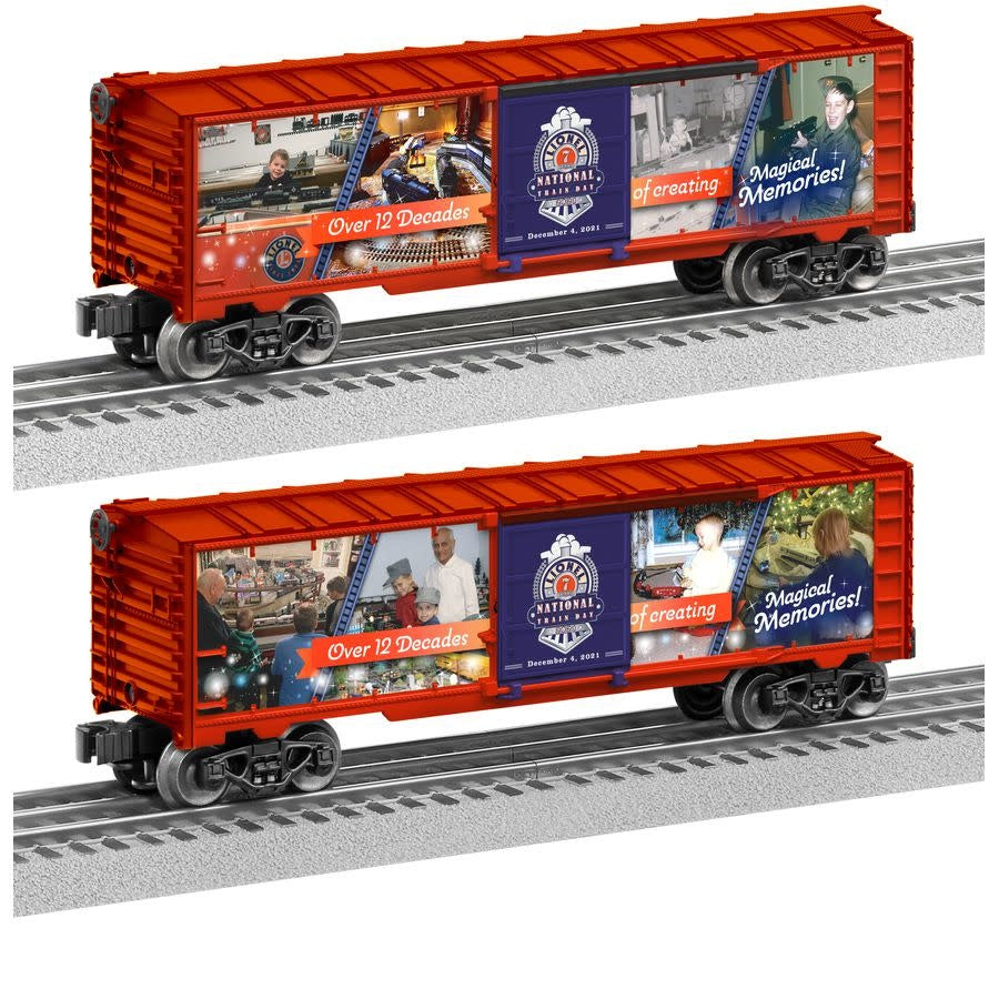 Lionel Train Day boxcar with pictures of people and train layouts on the sides.