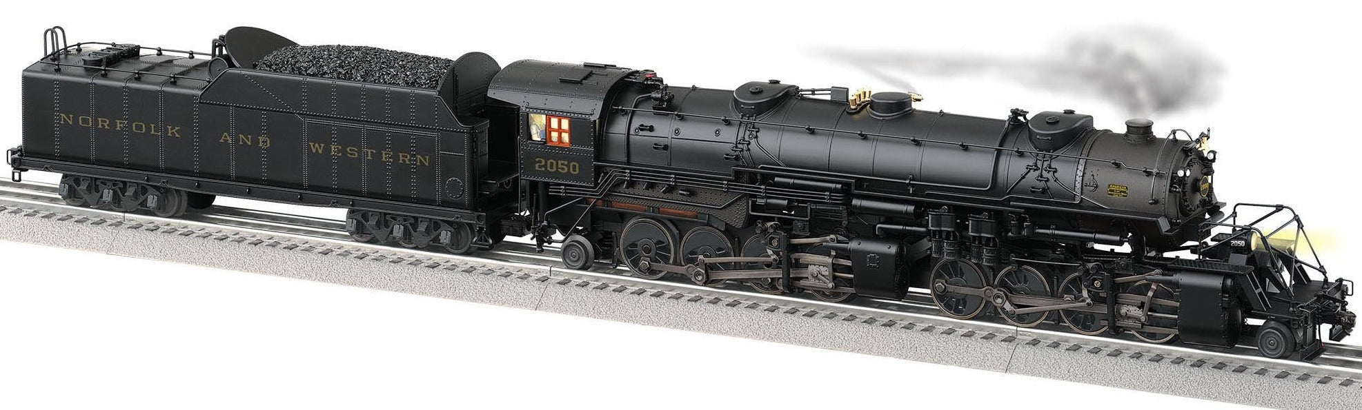 O scale model of 2-8-8-2 steam engine with Norfolk and Western on the side of the tender.