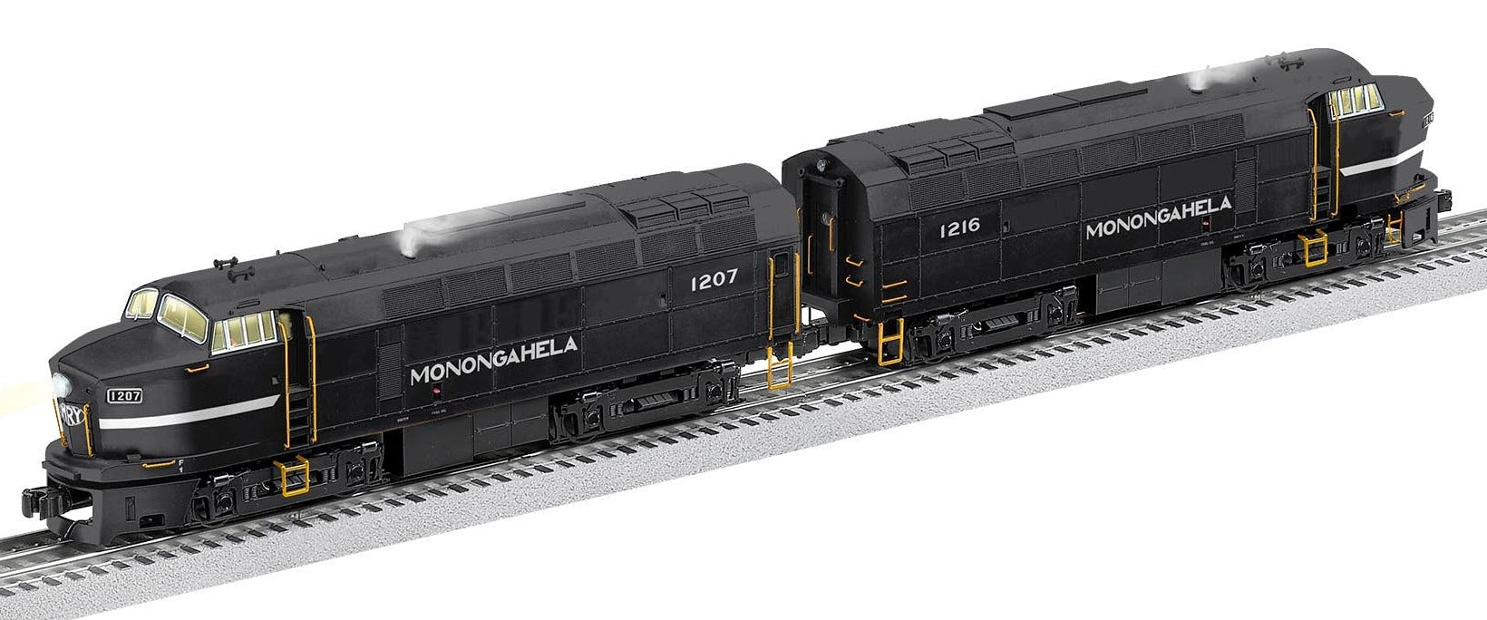 O Scale model of Monogahela Sharknose engines on train track.