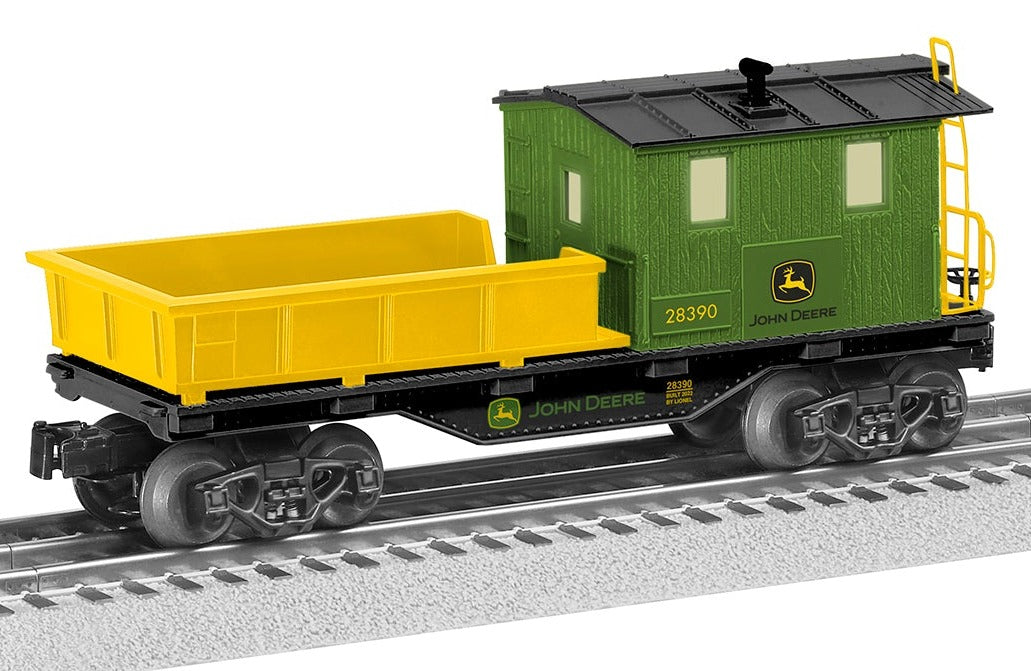 Model train of John Deere branded work caboose.