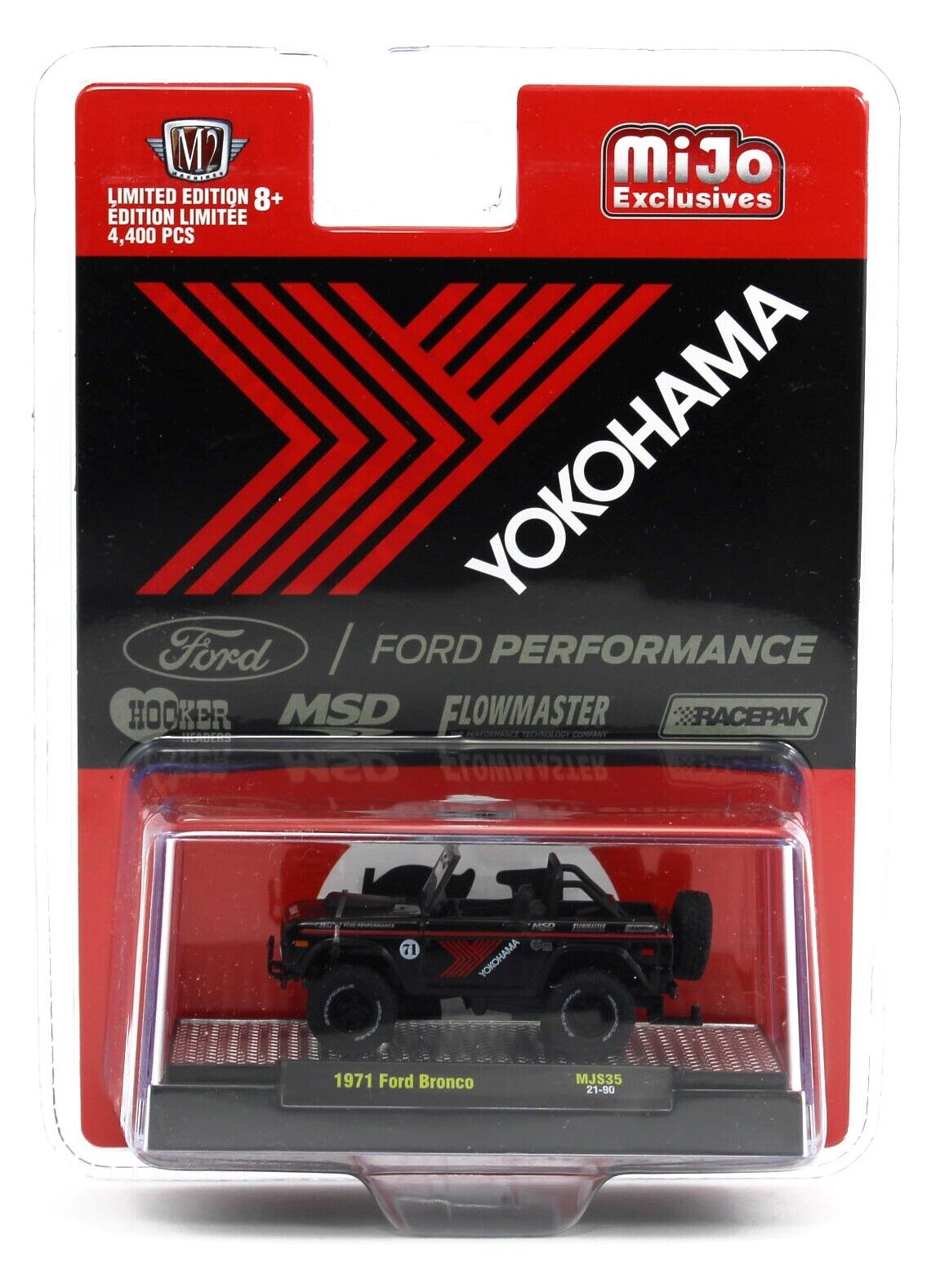 A 1/64 scale 1971 Ford Bronco in a clam shell package.