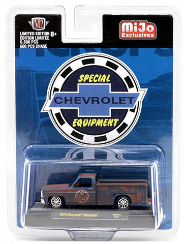 1975 Chevrolet Silverado work truck in blue and rust in a clam shell package.