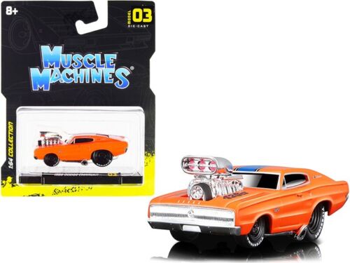 Model of an orange 1966 Dodge Charger with engine sticking out of hood and the same car in hanging package.