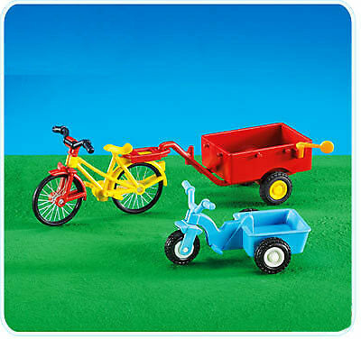 Playmobil yellow and red bicycle with detachable trailer and kid's tricycle with built in trailer