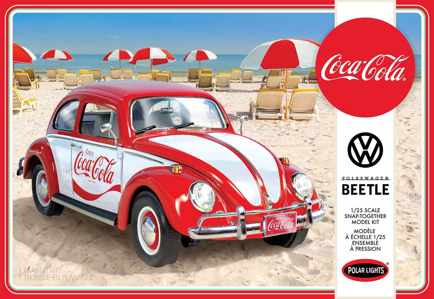 1/25 scale model kit box art of Volkswagen Beetle colored red and white with Coca-Cola branding on a beach scene.