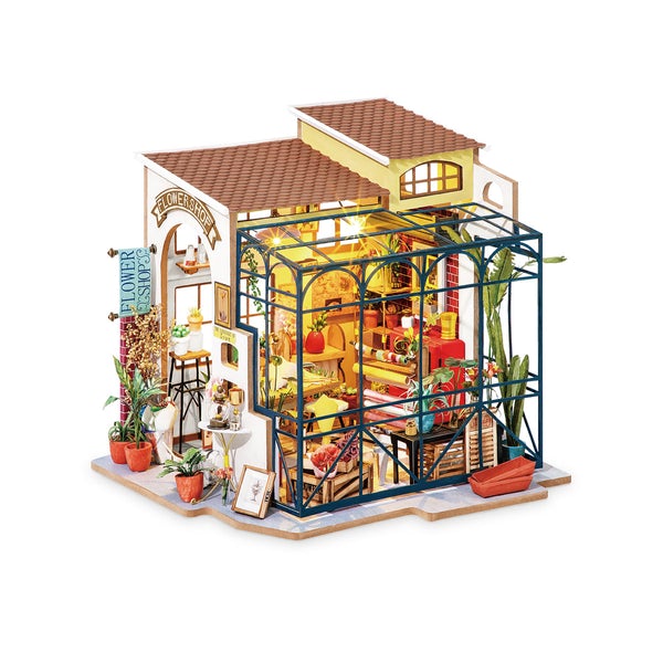 Diorama of a flower shop.