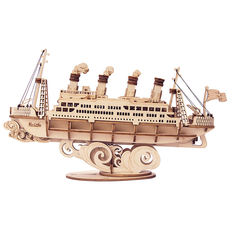 3d wooden model of cruise ship.