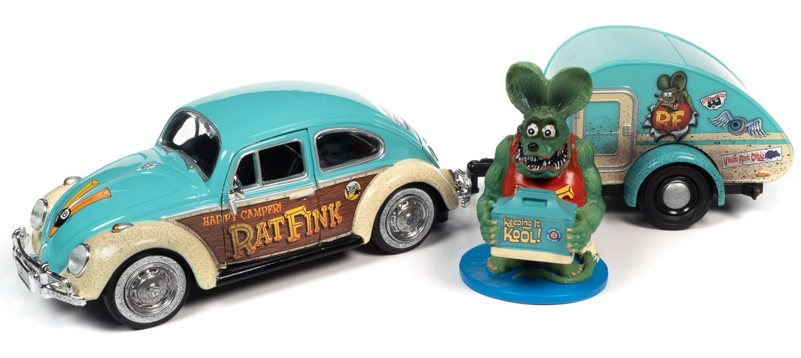 1/24 scale diecast model of a 1966 Volkswagen Beetle with a teardrop trailer, predominantly in blue and beige colors, with a bonus Rat Fink figure.
