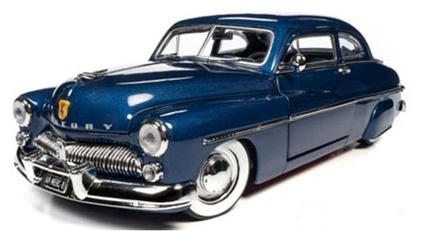 A 1/18 scale model of a 1949 Mercury Coupe in blue color.