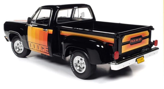 1/18 scale model of a 1980 Dodge Pick-up Step Side in black with multi-colored stripes.