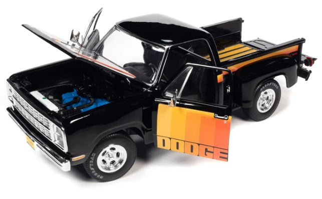1/18 scale model of a 1980 Dodge Pick-up Step Side in black with multi-colored stripes showing open doors, hood, and tailgate.