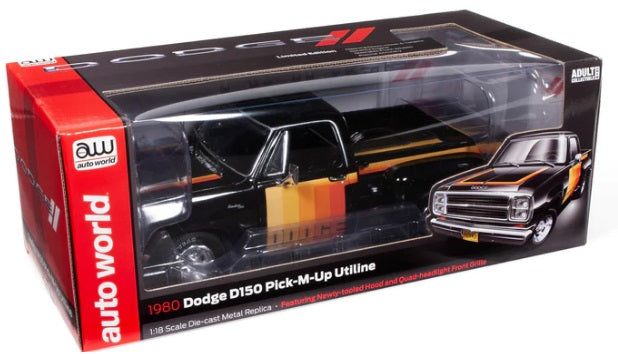 1/18 scale model of a 1980 Dodge Pick-up Step Side in black with multi-colored stripes, packaged in a box with the brand Auto World visible.