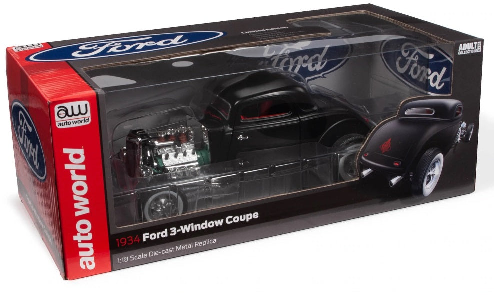 A 1/18 scale model of a 1934 Ford 3 Window Coupe in package with a clear display window.