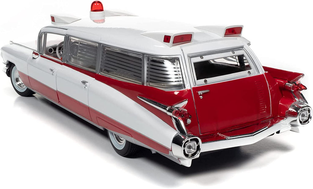 1/18 scale model of a red and white 1959 Cadillac Eldorado Ambulance.