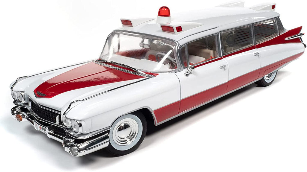 1/18 scale model of a red and white 1959 Cadillac Eldorado Ambulance.