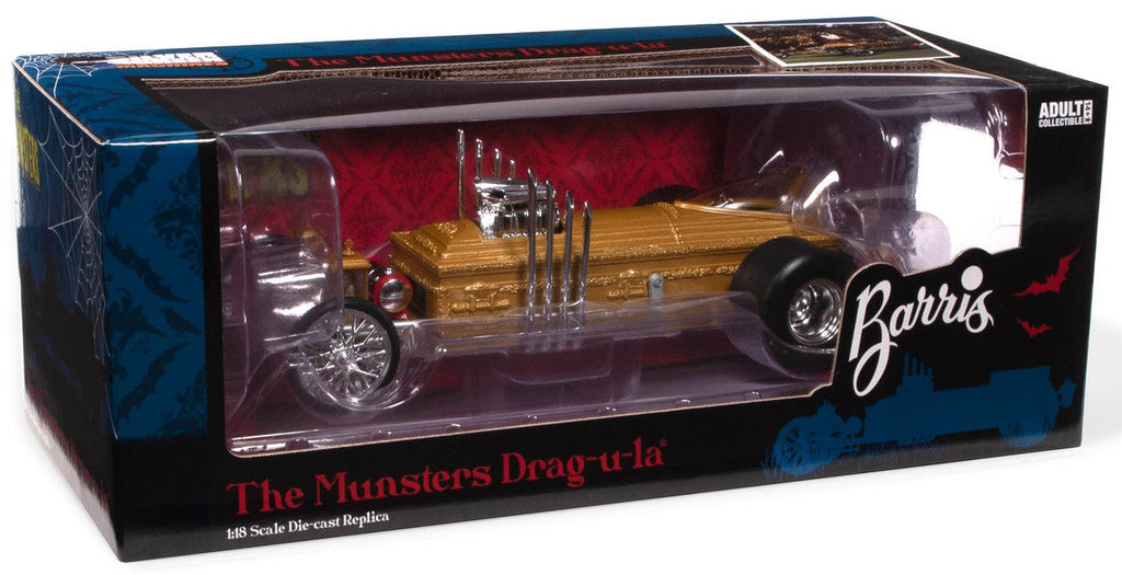1/18 scale model of the Munsters Dragula in metallic gold color, packaged in a box with clear plastic window.