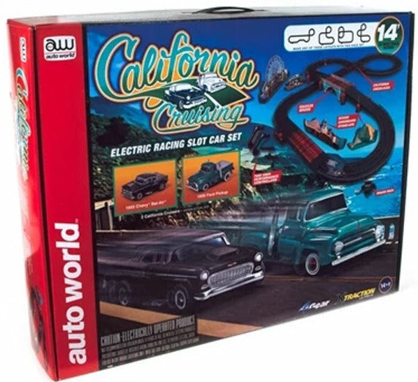 Package for California Cruising Slot car set showing 2 cars and track layout.
