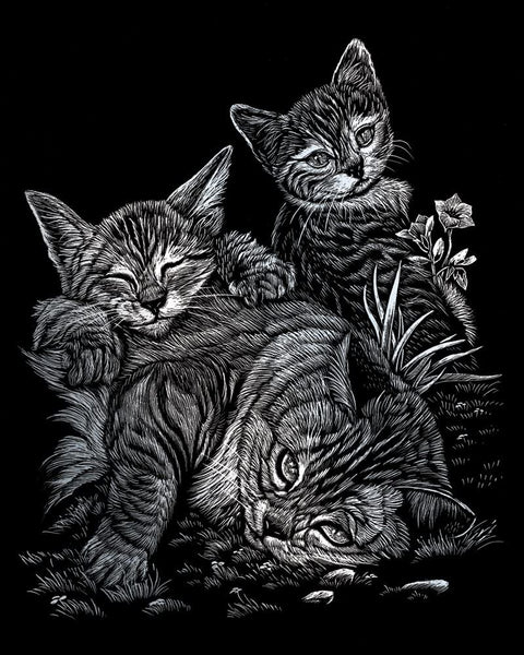 Royal Brush Engraving Art Silver Foil Tabby Cat & Kitten