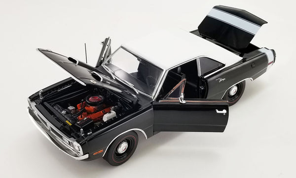 1/18 scale diecast car of a 1970 Dodge Dart Swinger 340 with a white tail stripe and white vinyl top, view showing opening drivers and passenger side doors and opening hood and trunk.