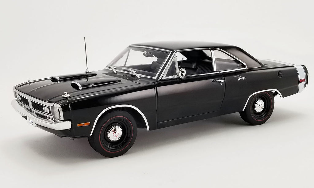 1/18 scale diecast car of a 1970 Dodge Dart Swinger 340 with a white tail stripe, view of front drivers side