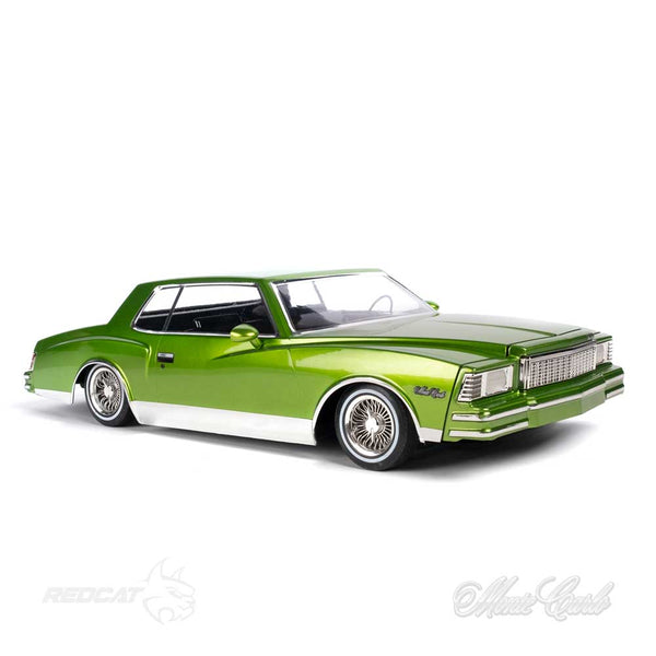 Pictured is the front/passenger side view of the Remote Control 79 Monte Carlo Low Rider Ready to Run in Green 